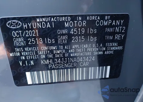 2022 Hyundai Sonata Hybrid Sel z USA, uszkodzony, nr VIN KMHL34JJ1NA043424